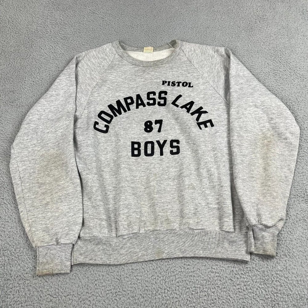 Vintage Trimark XL 80s Pistol Campus Lake 87 Boys Pullover Sweatshirt Gray Used